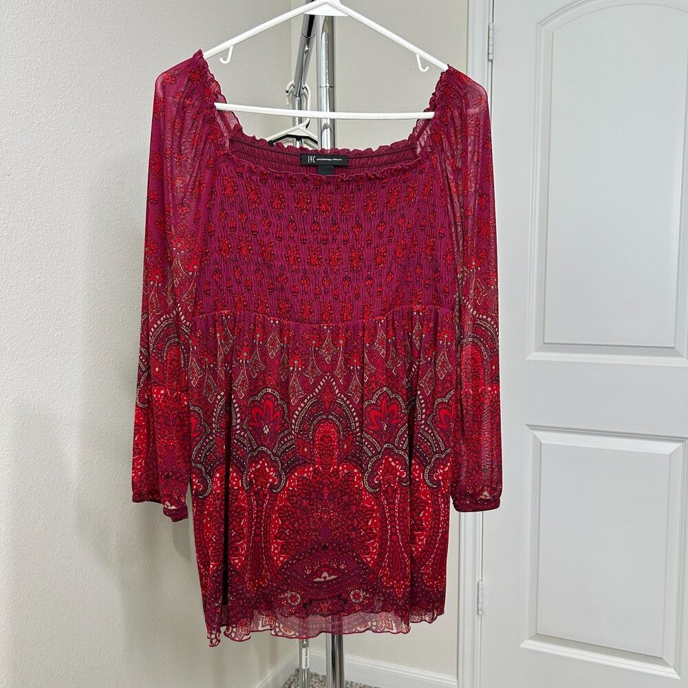 INC Smocked Babydoll Blouse Red Paisley Mesh Sleeve Whimsigoth Large